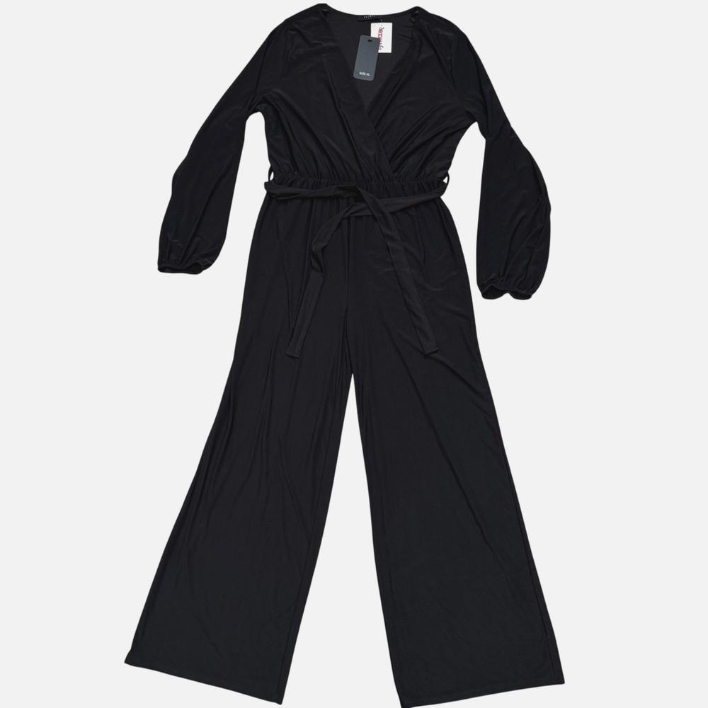 21 Saints Womens Black Long Sleeve V-Neck Wide Leg Belted Jumpsuit Size XL NWT